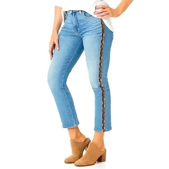 Jen7 for 7 For All Mankind Crest Ankle Straight Snakeskin Stripe Denim Jeans 8 - Picture 10 of 10